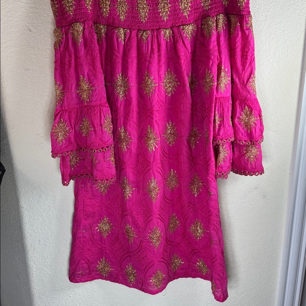 Boston Proper Pink Gold Embroidered Off The Shoulder Ruffle Sleeve Dress S‎ - Picture 4 of 8